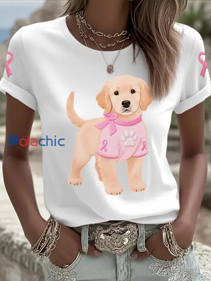 T-shirt de soutien de sensibilisation au cancer du sein ruban rose chien rose femme Blanc / S