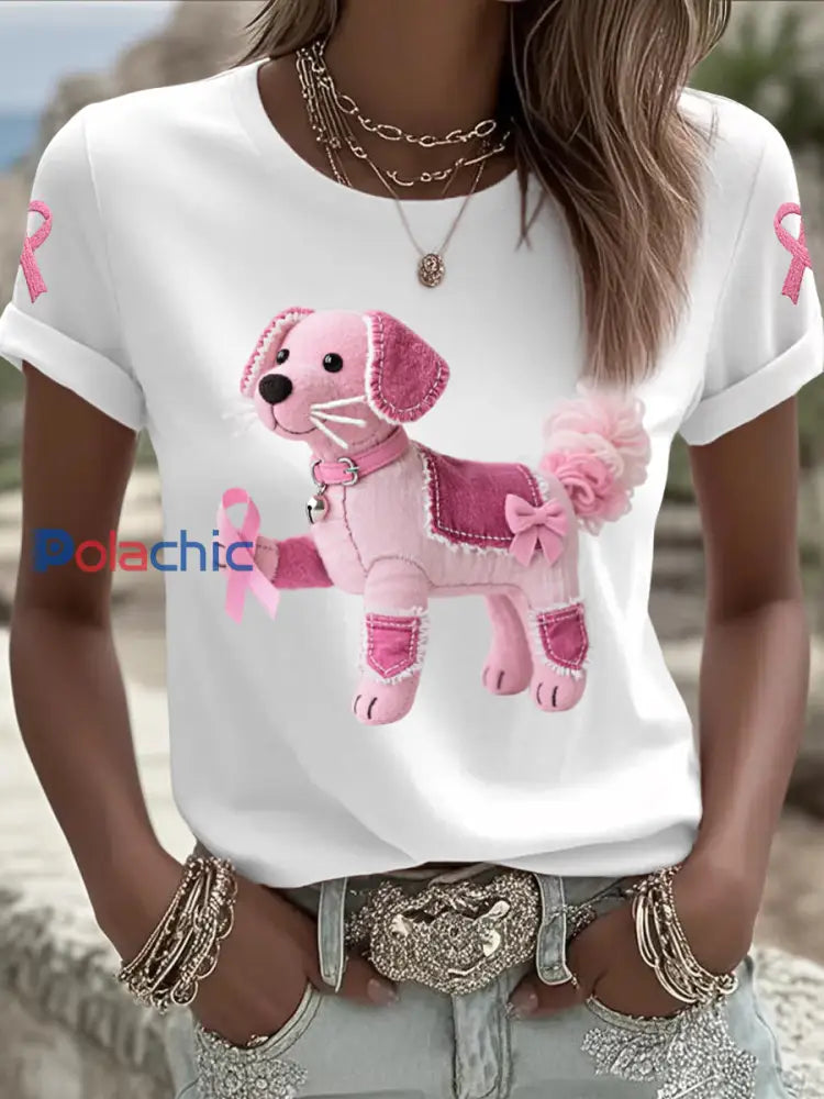 T-shirt de soutien de sensibilisation au cancer du sein ruban rose chien rose femme Blanc / S