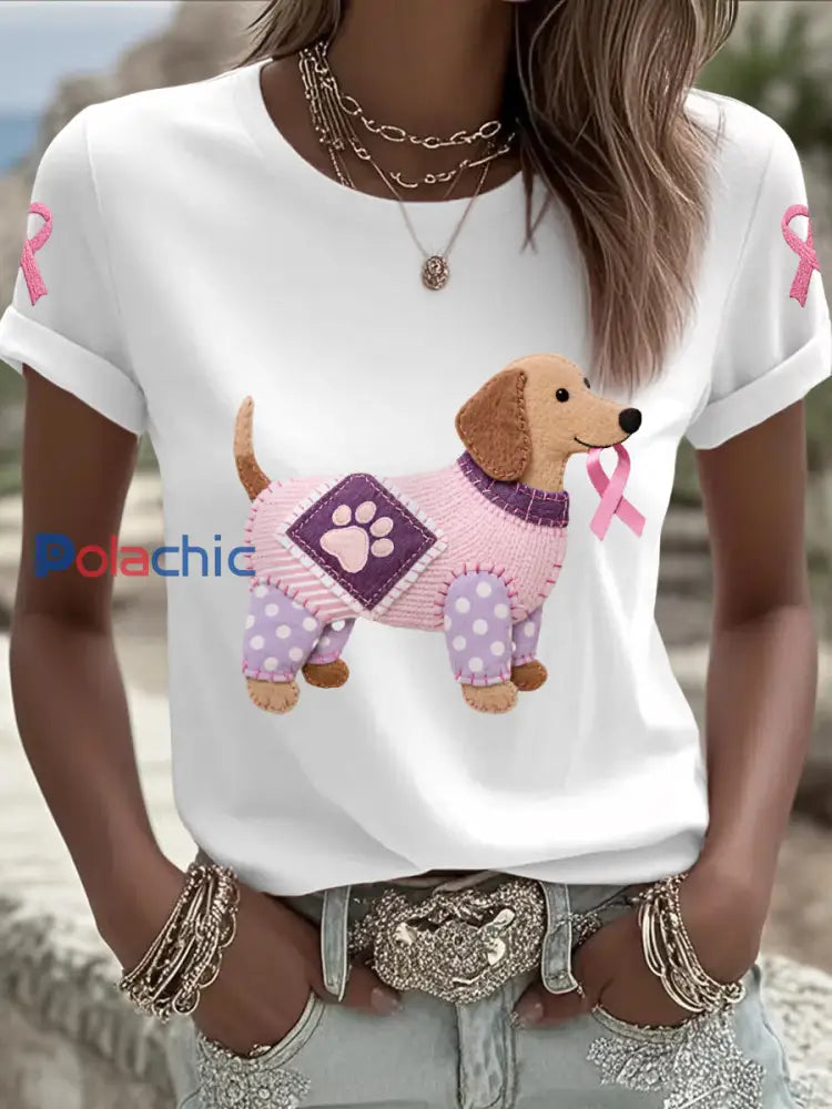 T shirt de soutien de sensibilisation au cancer du sein ruban rose chien rose femme Blanc / S