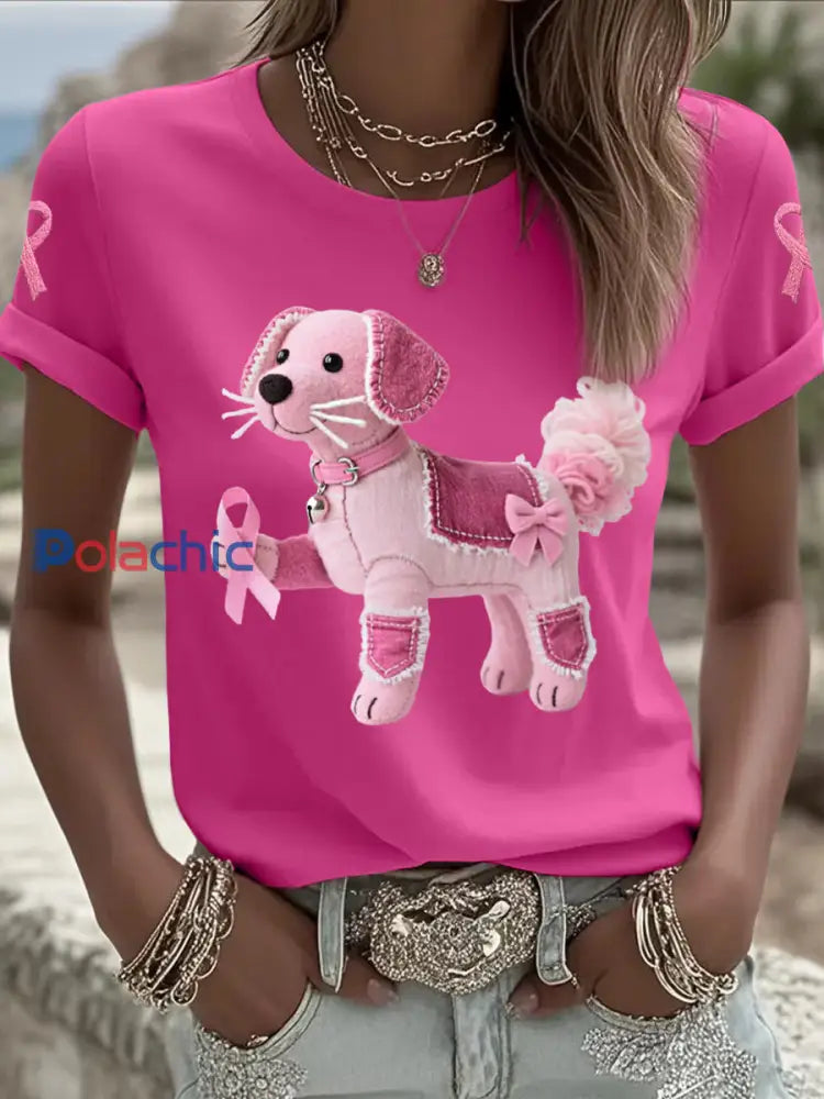 T-shirt de soutien de sensibilisation au cancer du sein ruban rose chien rose femme Rose Rouge / S