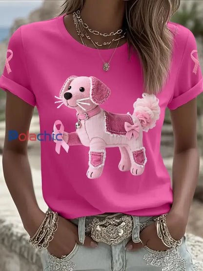 T-shirt de soutien de sensibilisation au cancer du sein ruban rose chien rose femme Rose Rouge / S
