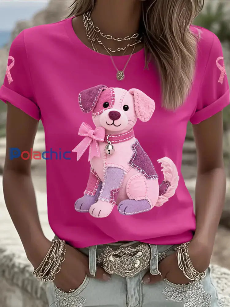 T shirt de soutien de sensibilisation au cancer du sein ruban rose chien rose femme Rose Rouge / S