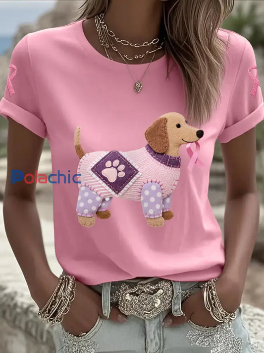 T shirt de soutien de sensibilisation au cancer du sein ruban rose chien rose femme Rose / S