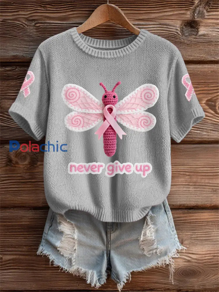 T shirt de soutien de sensibilisation au cancer du sein ruban rose libellule rose des femmes gris / S