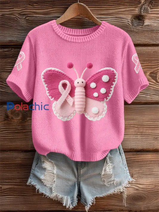T shirt de soutien de sensibilisation au cancer du sein de ruban rose papillon rose des femmes rose foncé / S