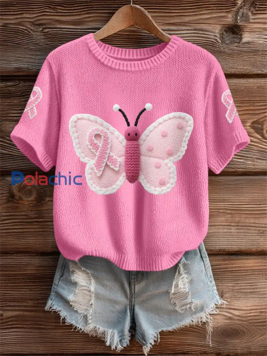 T shirt de soutien de sensibilisation au cancer du sein de ruban rose papillon rose des femmes rose foncé / S