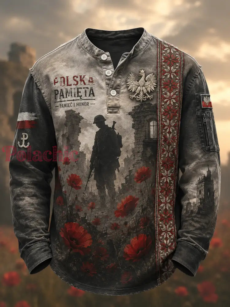 T-shirt décontracté à boutons pour homme de culture militaire polonaise - A / S