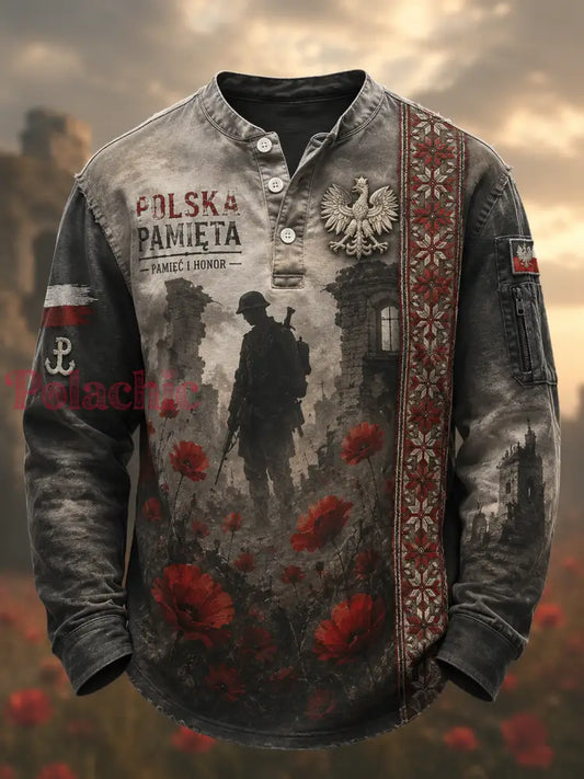 T-shirt décontracté à boutons pour homme de culture militaire polonaise - A / S