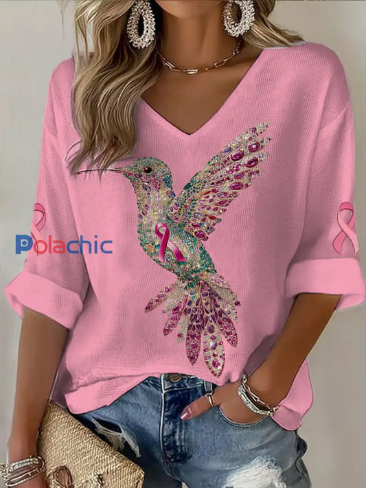 T shirt décontracté à col en V imprimé colibri à manches mi longues pour femmes Rose / S