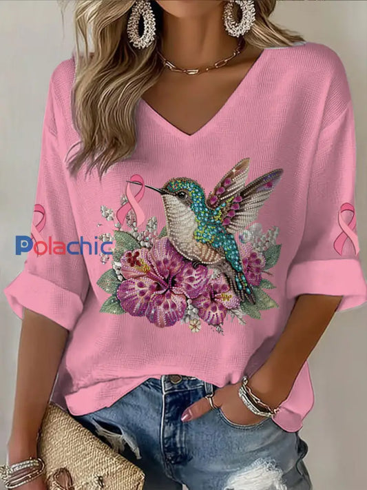T shirt décontracté à col en V imprimé colibri à manches mi longues pour femmes Rose / S