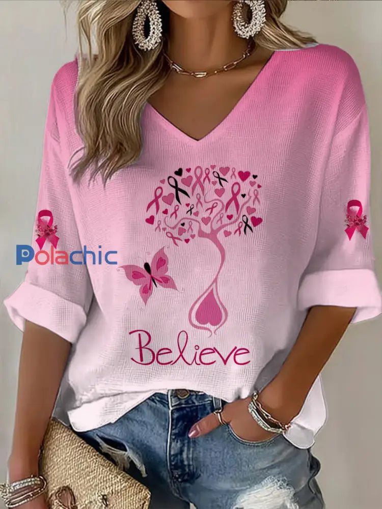 T shirt décontracté à col en V imprimé à manches mi longues pour femmes Rose / S