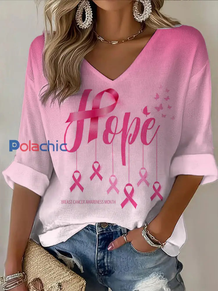 T shirt décontracté à col en V imprimé à manches mi longues pour femmes Rose / S