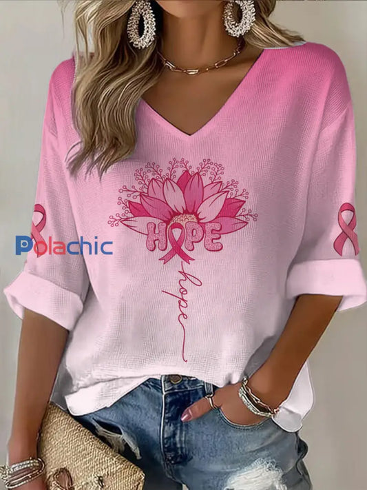T shirt décontracté à col en V imprimé à manches mi longues pour femmes Rose / S