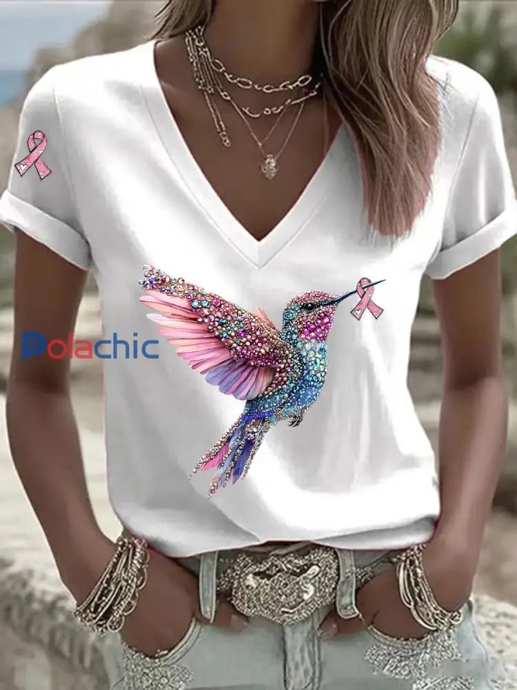 T shirt décontracté à col en V à imprimé ruban rose pour femmes Blanc / S