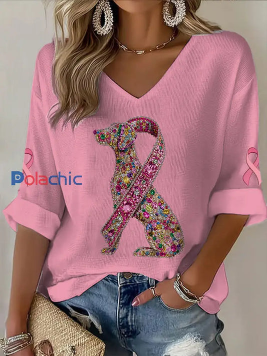 T shirt décontracté à col en V à manches mi longues pour femmes imprimé chien cancer du sein Rose / S