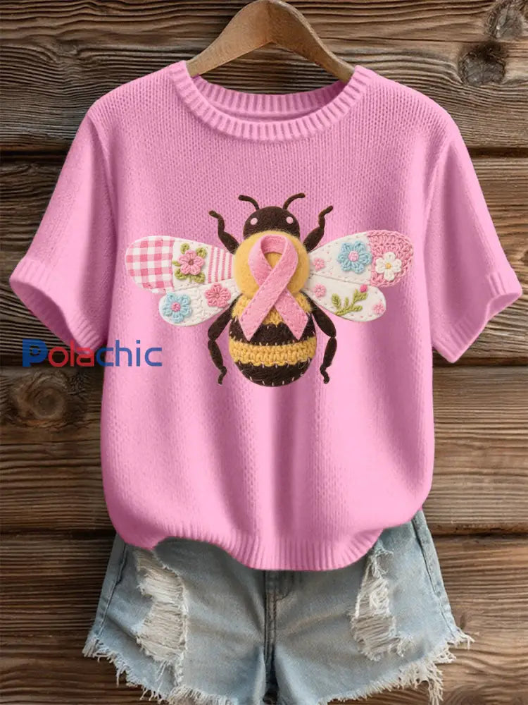 T shirt décontracté à imprimé abeille pour femmes Rose / S