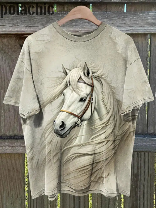 T-Shirt Décontracté À Imprimé Cheval Vintage Unisexe