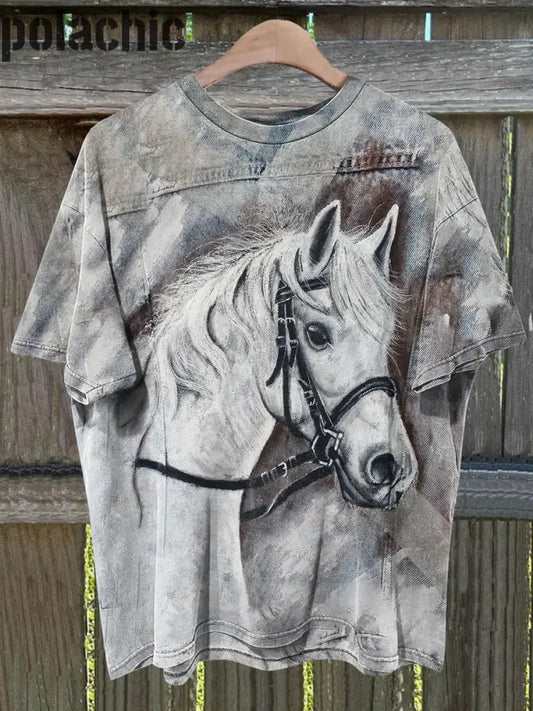 T-Shirt Décontracté À Imprimé Cheval Vintage Unisexe