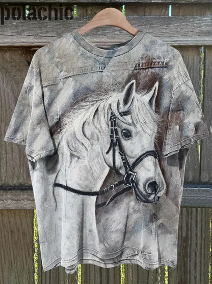 T-Shirt Décontracté À Imprimé Cheval Vintage Unisexe A / S