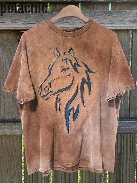 T-Shirt Décontracté À Imprimé Cheval Western Vintage Unisexe