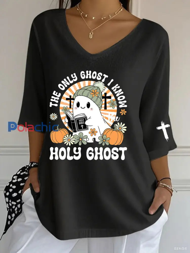 T shirt décontracté à imprimé chrétien Halloween pour femmes Noir / S