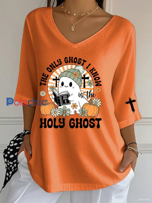 T shirt décontracté à imprimé chrétien Halloween pour femmes Orange / S