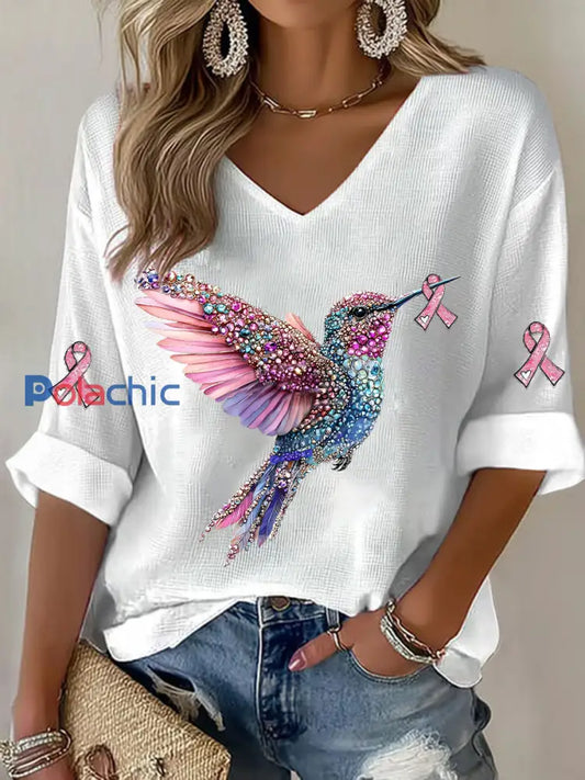 T-shirt décontracté à imprimé de colibri pour femmes Blanc / S