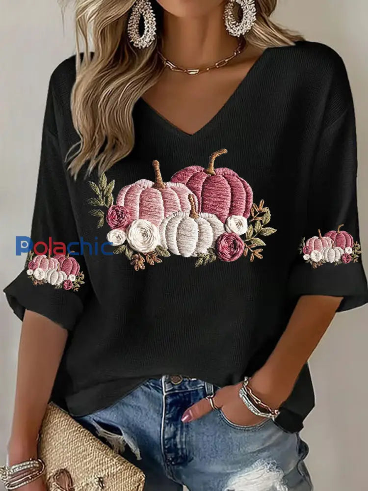 T-shirt décontracté à imprimé floral Cancer du sein pour femmes Noir / S