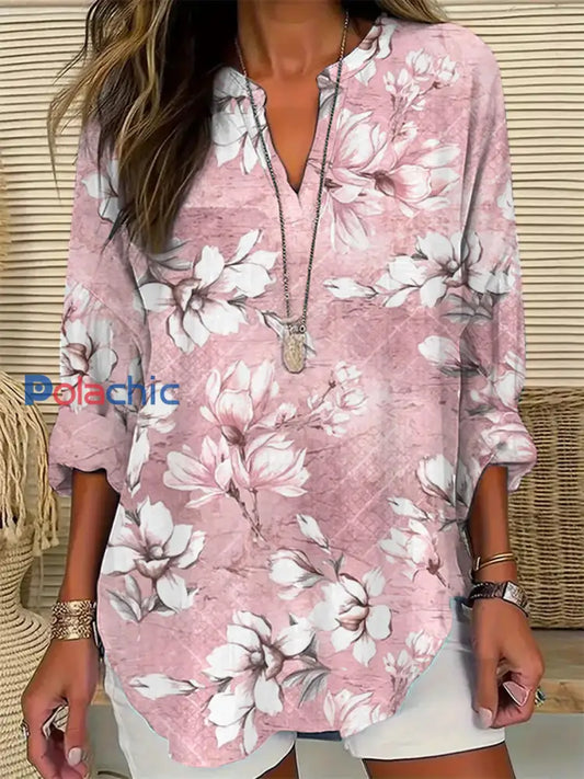 T-shirt décontracté à imprimé floral rose pour femme Rose / S