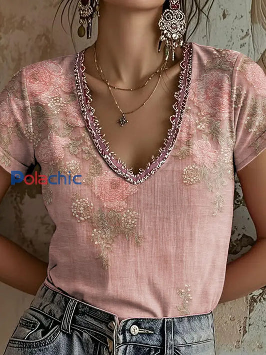 T shirt décontracté à imprimé floral rose pour femme Rose / S