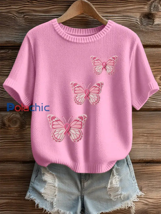 T shirt décontracté à imprimé papillon rose pour femmes Rose / S