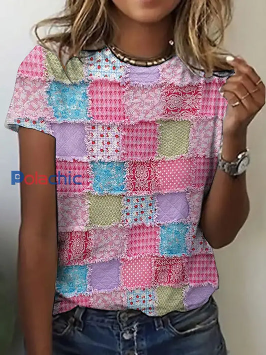 T-shirt décontracté à imprimé patchwork rose pour femmes comme image / S