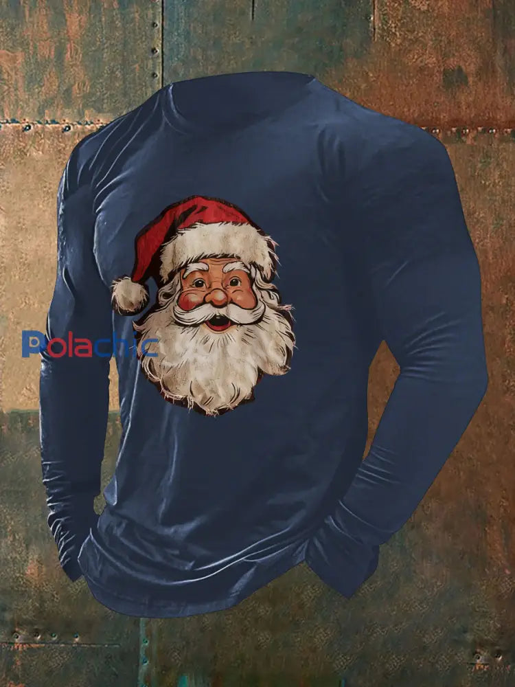 T-shirt décontracté à imprimé père Noël pour hommes bleu marine / S
