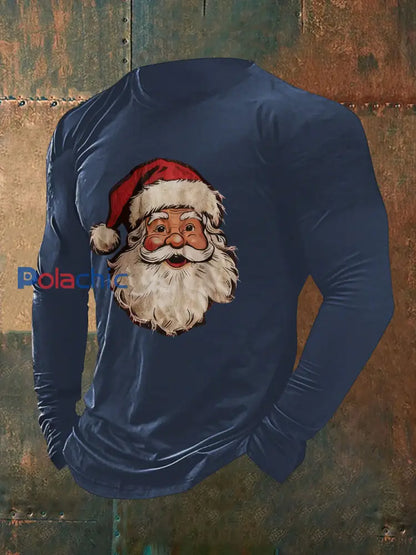 T-shirt décontracté à imprimé père Noël pour hommes bleu marine / S