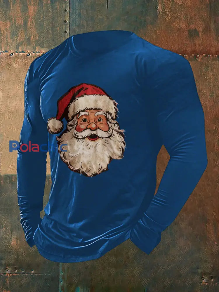 T-shirt décontracté à imprimé père Noël pour hommes bleu / S