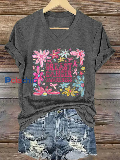 T-shirt décontracté à imprimé sensibilisation au cancer du sein pour femmes Gris Foncé / S