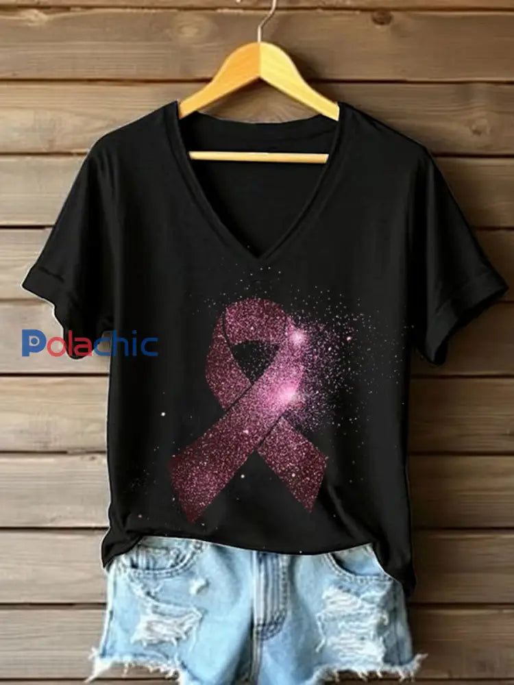 T-shirt décontracté à imprimé sensibilisation au cancer du sein pour femmes Noir / S