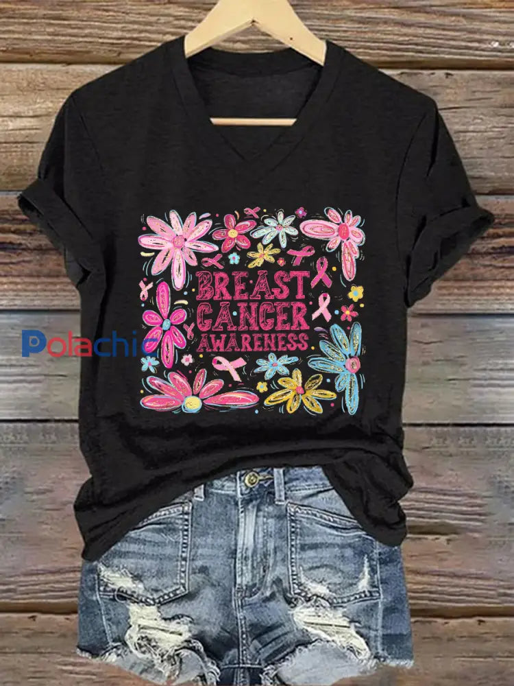 T-shirt décontracté à imprimé sensibilisation au cancer du sein pour femmes Noir / S