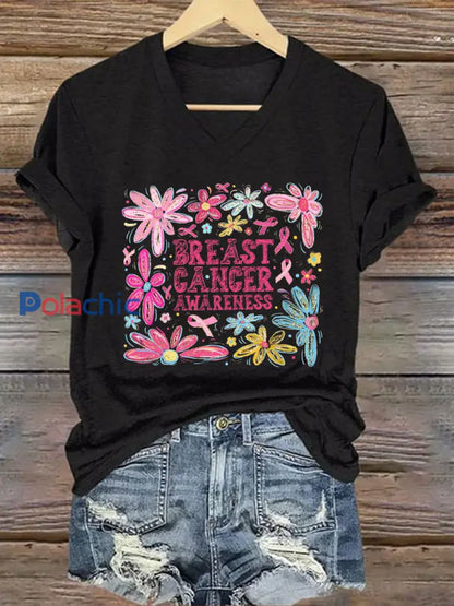 T-shirt décontracté à imprimé sensibilisation au cancer du sein pour femmes Noir / S