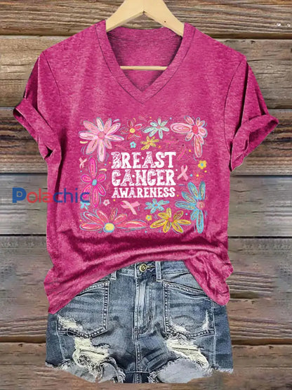 T-shirt décontracté à imprimé sensibilisation au cancer du sein pour femmes Rose Rouge / S