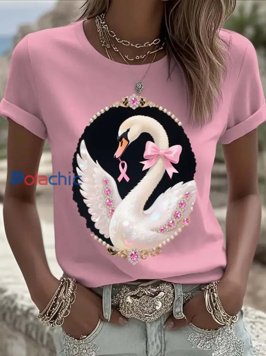 T shirt décontracté à manches courtes en coton imprimé perles cygne du cancer du sein vintage Rose / S