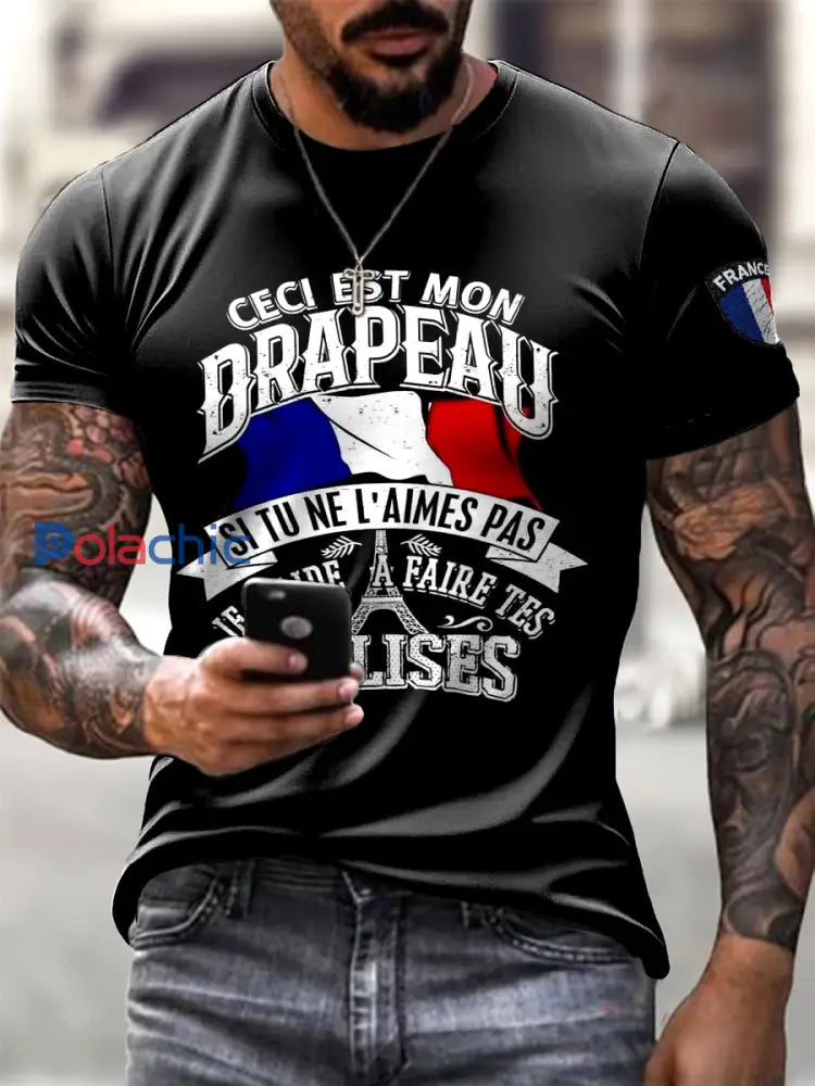 T-shirt décontracté à manches courtes imprimé drapeau français pour hommes Noir / S
