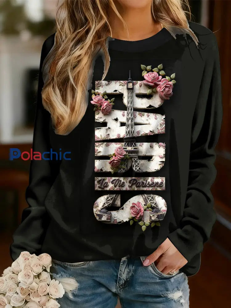 T-shirt décontracté à manches longues imprimé Paris français pour femmes Noir / S