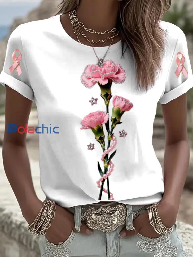 T-shirt décontracté confortable à manches courtes en coton à imprimé floral rétro cancer du sein Blanc / S