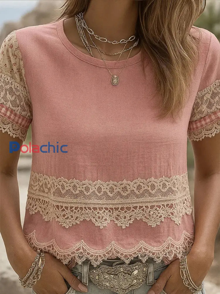 T-shirt décontracté confortable imprimé rétro rose pour femmes A / S