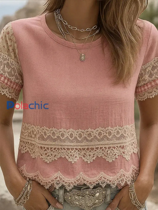 T-shirt décontracté confortable imprimé rétro rose pour femmes A / S