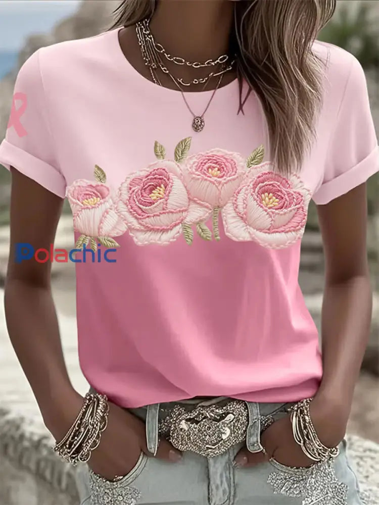 T-shirt décontracté confortable imprimé rétro rose pour femmes A / S