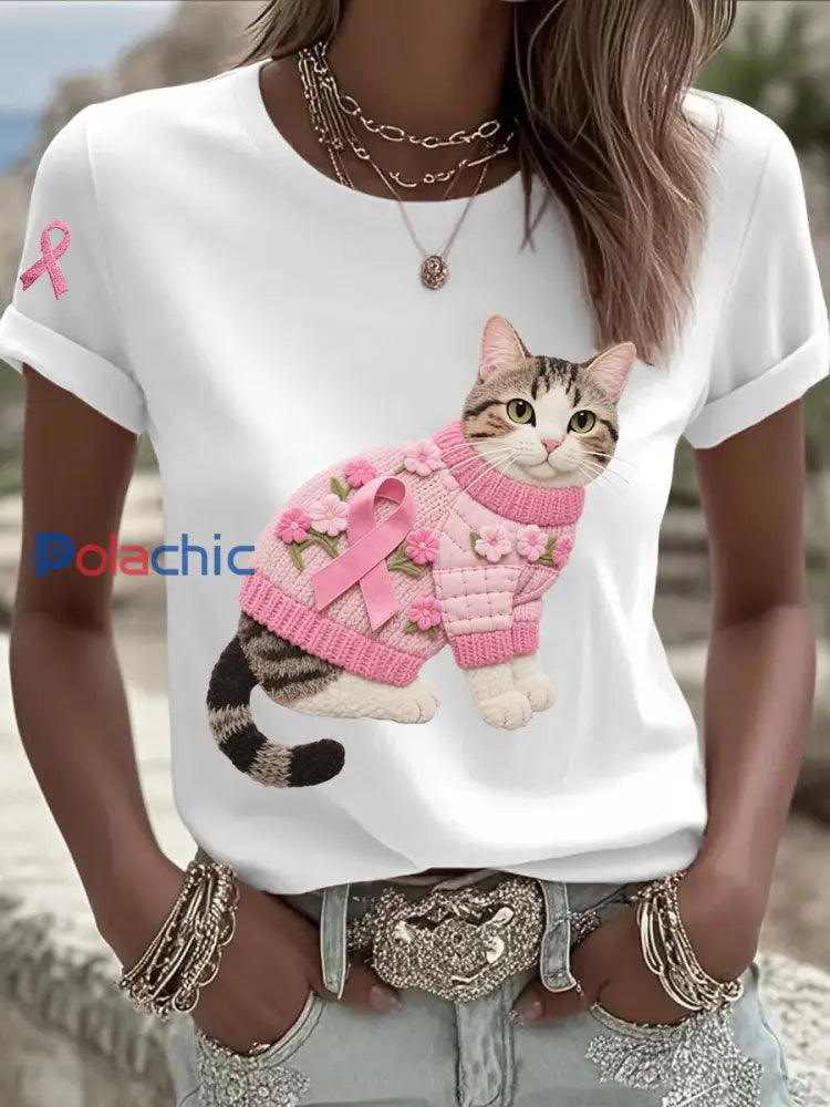 T shirt Décontracté Femme Chat Rose Ruban Imprimé Blanc / S
