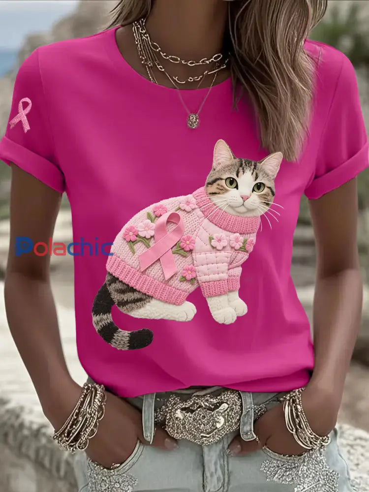 T shirt Décontracté Femme Chat Rose Ruban Imprimé Rose Rouge / S