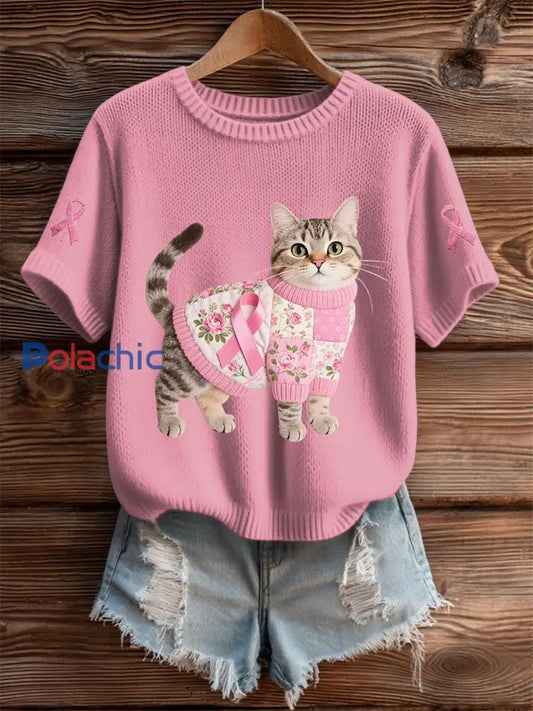 T shirt Décontracté Femme Chat Rose Ruban Imprimé rose / S